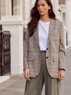 Next Marron - Blazer N. Premium à carreaux, riche en lin, simple boutonnage New