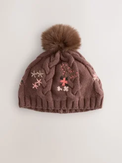 Next Marron - Bonnet bébé à pompons brodé à fleurs (0mois-2ans) Sale