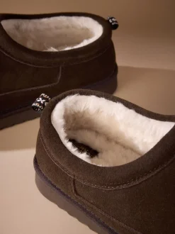 Next Marron - Chaussons doublés en daim Signature avec fausse fourrure