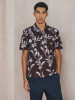 Next Marron - Chemise en lin et TENCEL™ Blend manches courtes à imprimé Fleuri Outlet