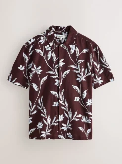 Next Marron - Chemise en lin et TENCEL™ Blend manches courtes à imprimé Fleuri Outlet