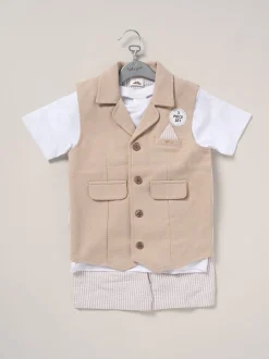 Little Gent Marron - Ensemble chemise, gilet et short 100% coton New