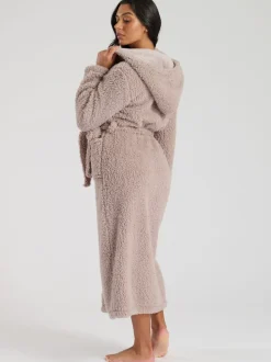 Loungeable Marron - Robe de chambre maxi sherpa de Noël avec capuche luxueuse doublée de polaire Outlet