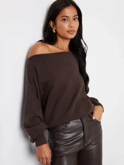 Threadbare - Pull en maille à col slash Marron Outlet