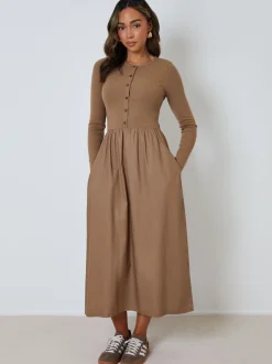 Threadbare Marron - Robe boutonnée 21 jersey en popeline mélangée Discount
