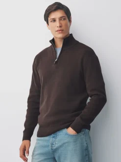 Next - Uni - Pull N.Premium Coupe classique 100% Coton Premium à fermeture éclair Marron Clearance