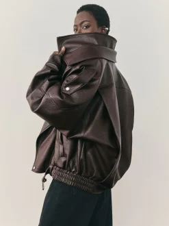 Nothing Ordinary Marron - Veste de motard à col entonnoir en similicuir Online