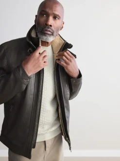 Next Marron - Veste en cuir Signatures à quatre poches doublée Borg Sale