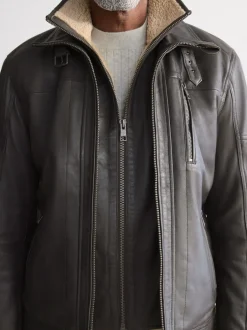 Next Marron - Veste en cuir Signatures à quatre poches doublée Borg Sale