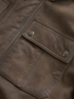 Next Marron - Veste motard Signature en cuir à quatre poches Clearance