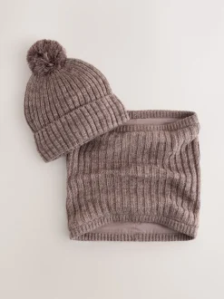 Next Marron café - Ensemble Bonnets et snood à pompon 2 Pieces (1-16ans) Clearance