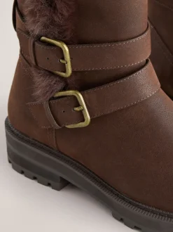 Next Marron chocolat - Bottines Forever Comfort® doublées de fausse fourrure à double boucle Sale