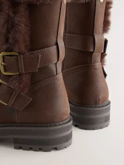Next Marron chocolat - Bottines Forever Comfort® doublées de fausse fourrure à double boucle Sale