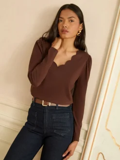 Love & Roses - Haut en jersey à manches longues et col en V festonné Marron chocolat Clearance