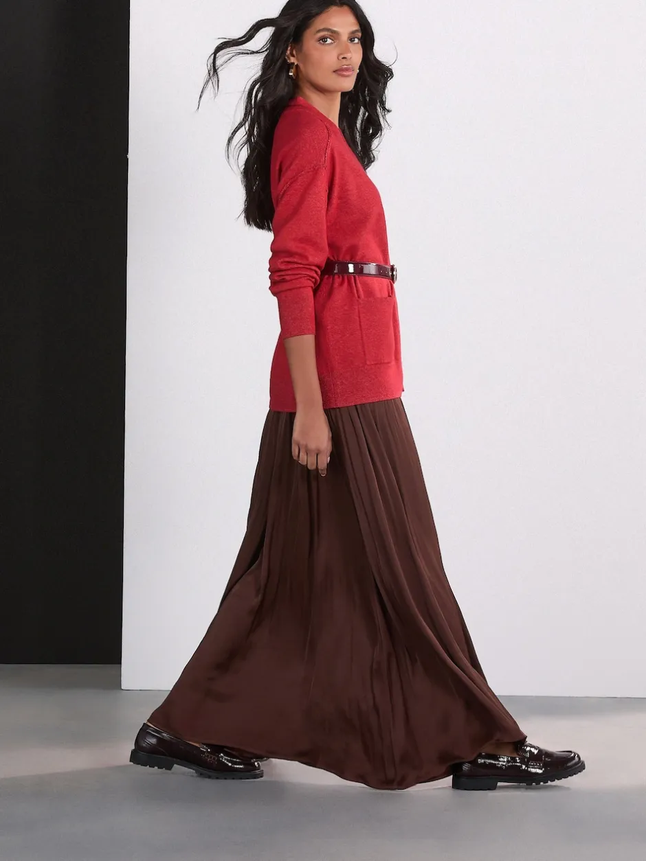 Next Marron chocolat - Jupe maxi plissée en satin New