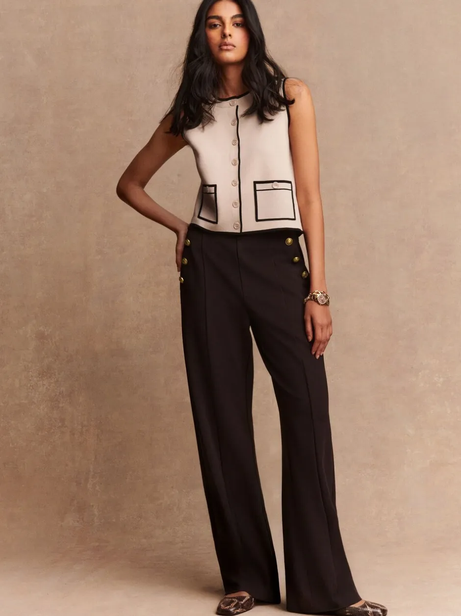 Next Marron chocolat - Pantalon large en Ponte avec boutons dorés Outlet