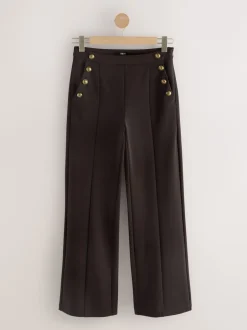 Next Marron chocolat - Pantalon large en Ponte avec boutons dorés Outlet