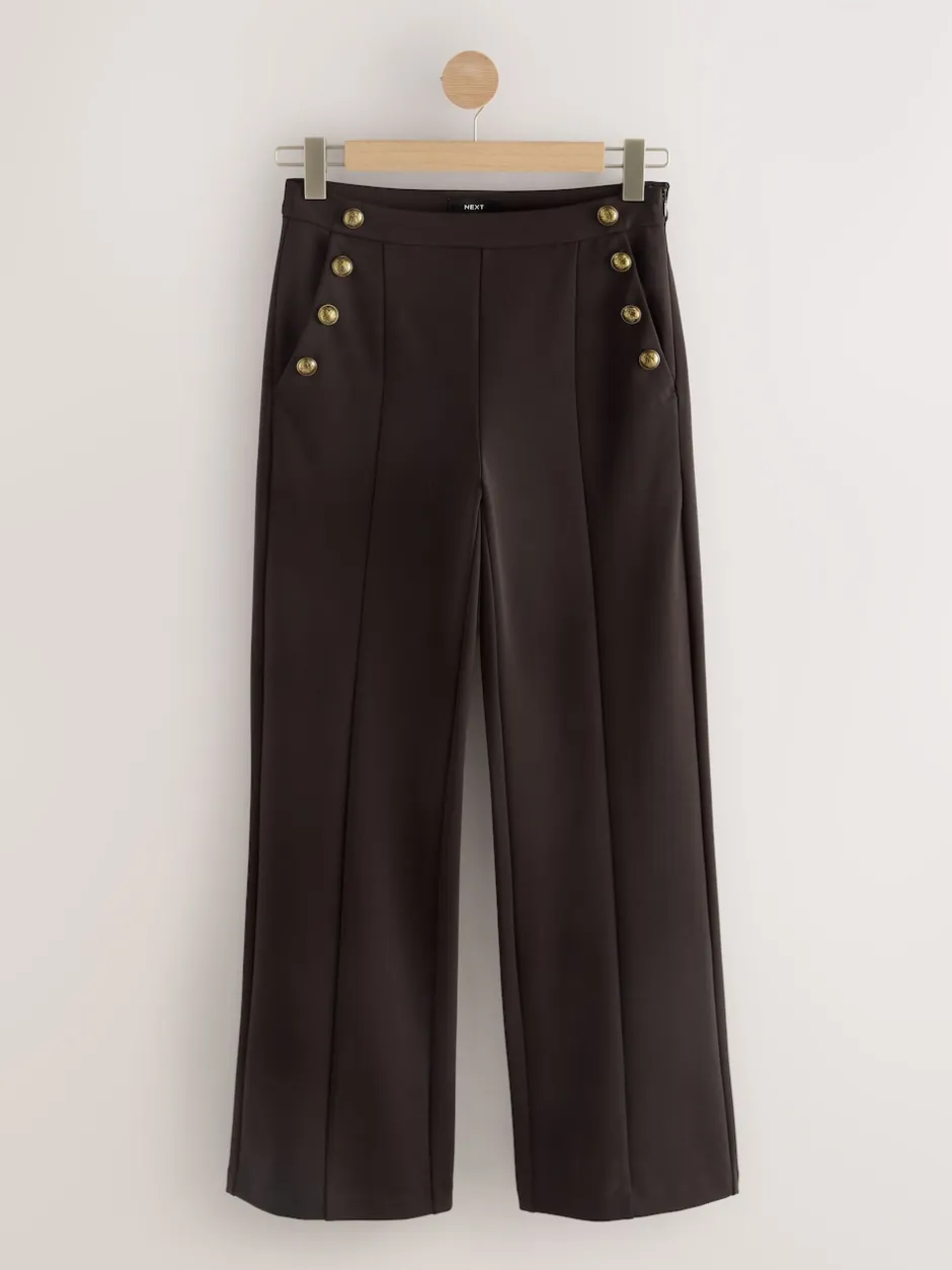 Next Marron chocolat - Pantalon large en Ponte avec boutons dorés Outlet