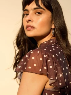 Next Marron chocolat à pois - Robe longue Grande occasion à col en V Imprimé en maille Plissé Online