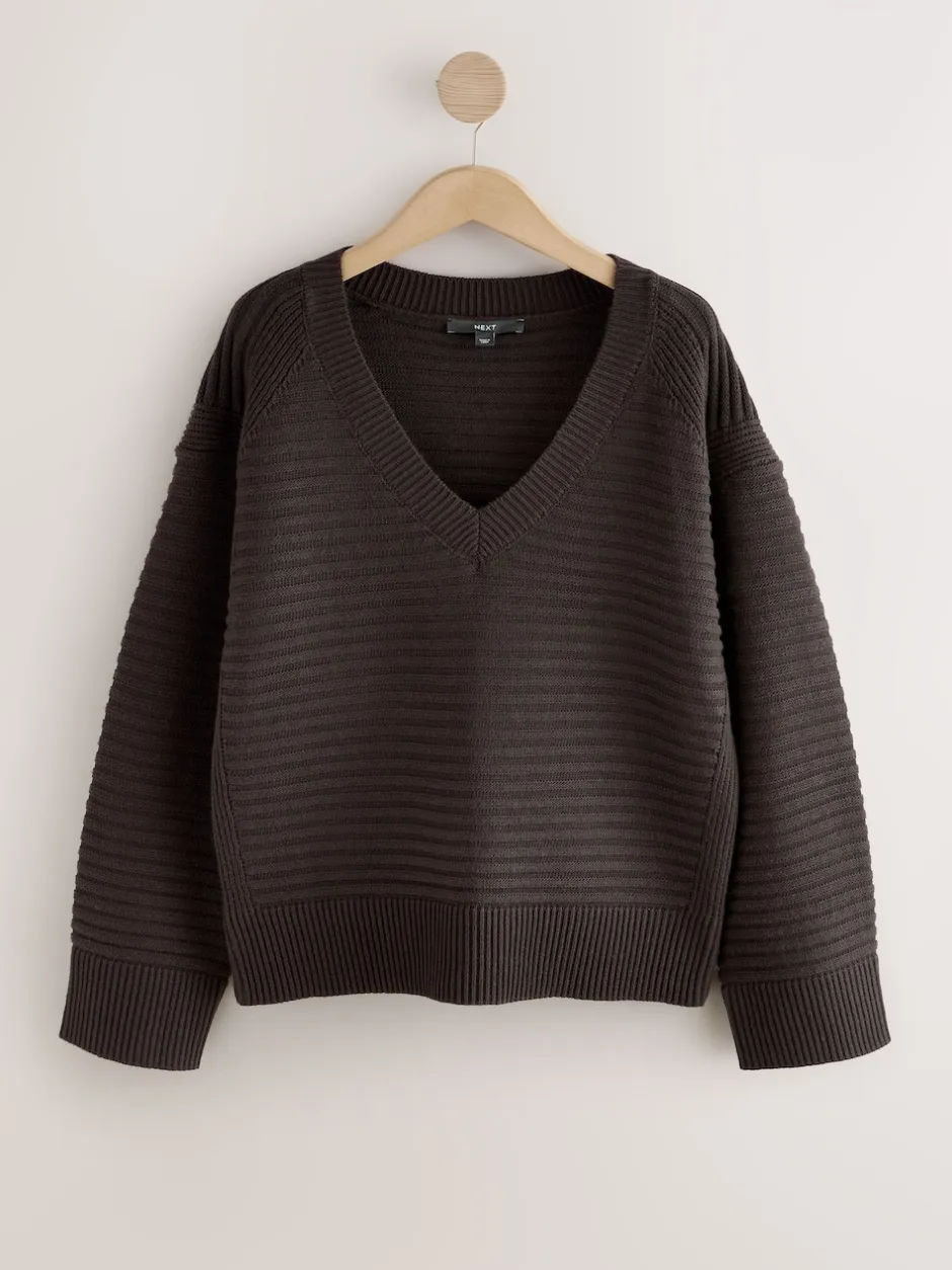 Next Marron chocolat - Pull côtelé en maille à col en V Best