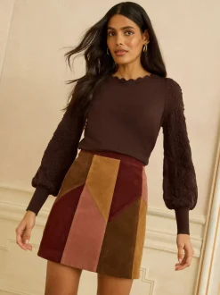 Love & Roses - Pull Bobble Stitch en maille festonnée Marron chocolat Best