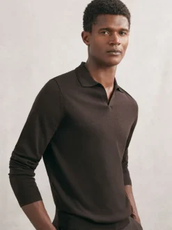 Reiss Marron chocolat - Polos à col ouvert en laine mérinos Milburn Best