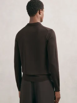 Reiss Marron chocolat - Polos à col ouvert en laine mérinos Milburn Best