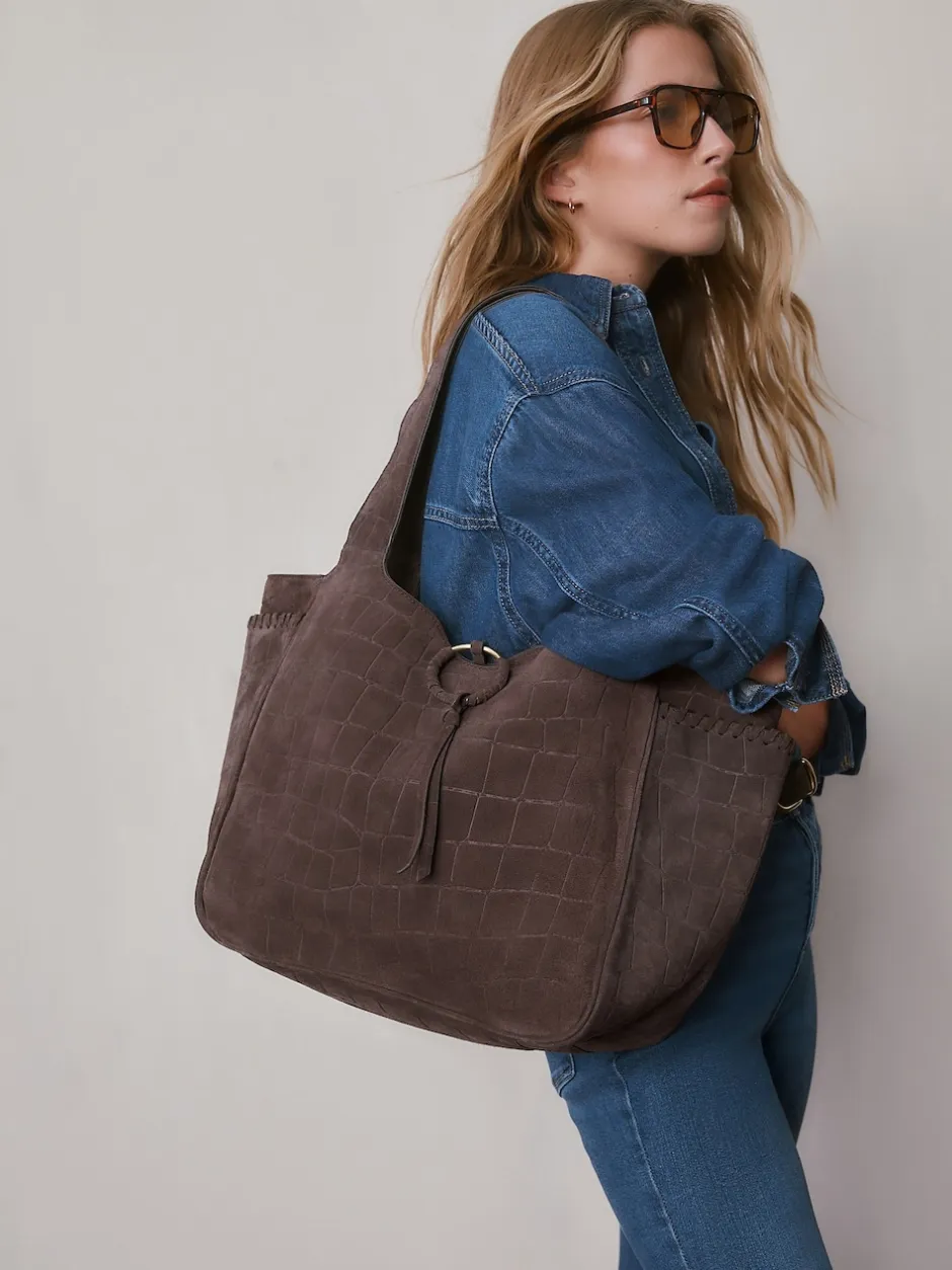 Next Marron chocolat - Sac bandoulière en Daim effet croco Outlet