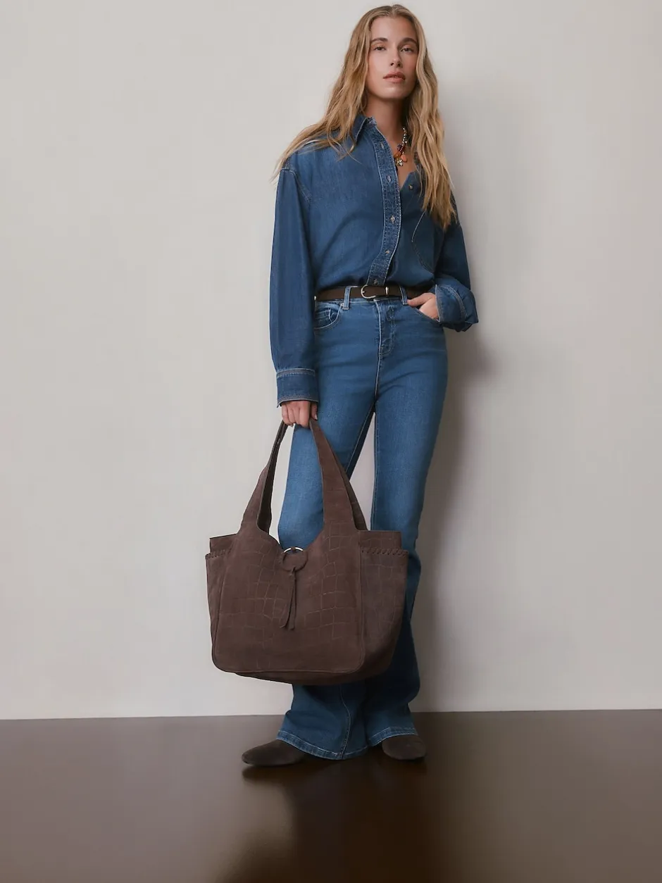 Next Marron chocolat - Sac bandoulière en Daim effet croco Outlet