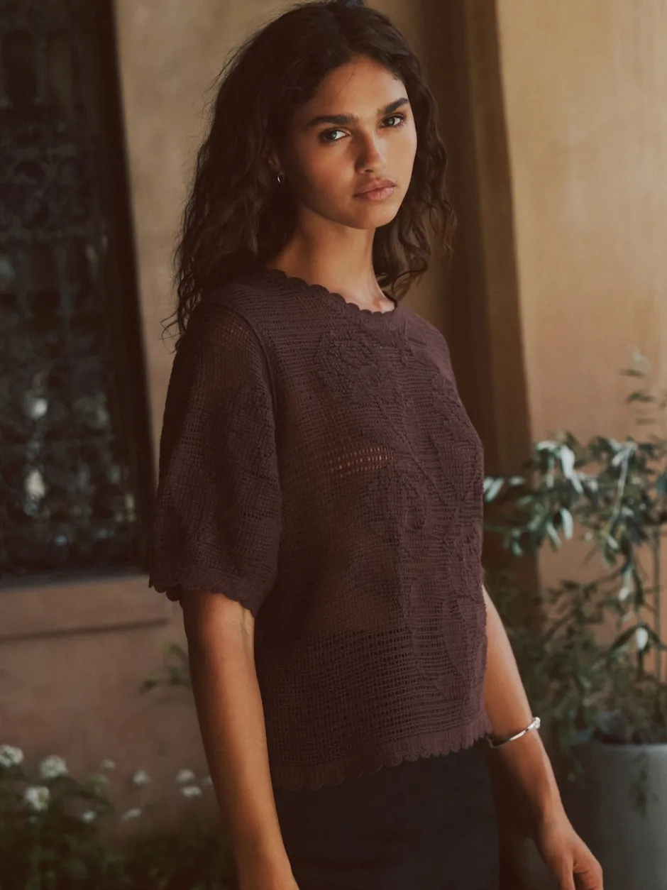 Next Marron chocolat - T-shirt fleuri à manches courtes et col rond Discount