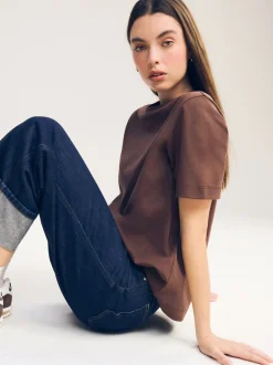 Next - T-shirt Manche courte Col ras du cou lourd Marron chocolat Sale