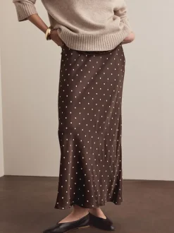 Next Marron chocolat/Cream à pois - Jupe Midi Satin Sale