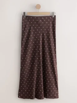 Next Marron chocolat/Cream à pois - Jupe Midi Satin Sale