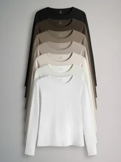 The Set Marron chocolat/marron taupe/marron clair/neutre - 7 Lot Manches longues Col rond T-shirt Clearance