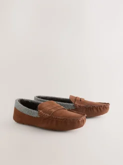 Next Marron fauve - Chaussons mocassins Signature en daim avec bordure en tissu Outlet