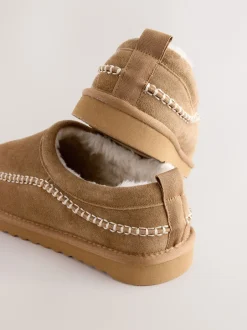 Next Marron fauve - Chaussons Signature en daim à surpiqûres Discount