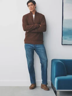 Next Marron fauve - Uni - Pull N.Premium Coupe classique en Coton riche à Texture haut de gamme à col zippé Best