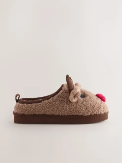 Next Marron motif renne - Mules chaussons confortables de Noël Outlet