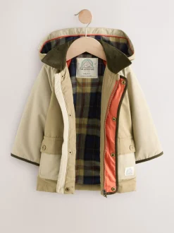 Next Marron neutre - Manteau à capuche avec col en velours côtelé résistant à la douche (3mois-7ans) New