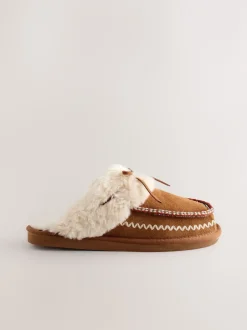 Next Marron noisette - Chaussons mules doublés de fausse fourrure en daim Stitch Sale