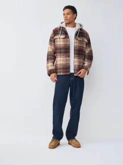 Next Marron rouille - Veste-chemise à carreaux à capuche doublée de peau de mouton Online