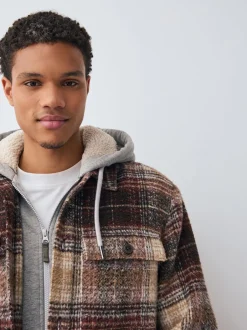 Next Marron rouille - Veste-chemise à carreaux à capuche doublée de peau de mouton Online