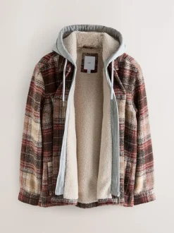 Next Marron rouille - Veste-chemise à carreaux à capuche doublée de peau de mouton Online
