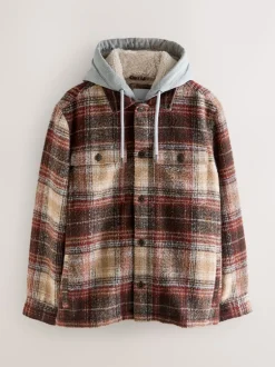 Next Marron rouille - Veste-chemise à carreaux à capuche doublée de peau de mouton Online