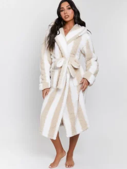 Loungeable Marron/blanc - Robe de chambre mi-longue à capuche à rayures sherpa épaisses Sale