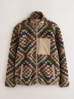 Next Marron/fauve géométrique - Zippé sur toute la longueur - Polaire imprimée Clearance