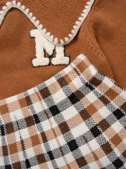 Miss Pull marron en maille véritable avec col tissé et Ensemble jupe à carreaux Hot