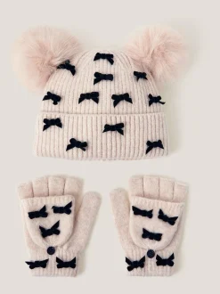 Monsoon ensemble bonnet et gants à pompon avec nœud New