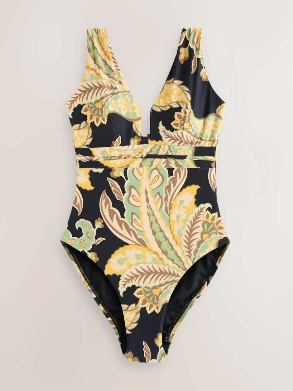 Next - Maillot de bain plongeant et galbant avec contrôle du ventre Motif paisley noir/vert Sale