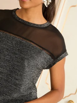 Love & Roses - Haut en satin à manches courtes et col en V Métallisé noir